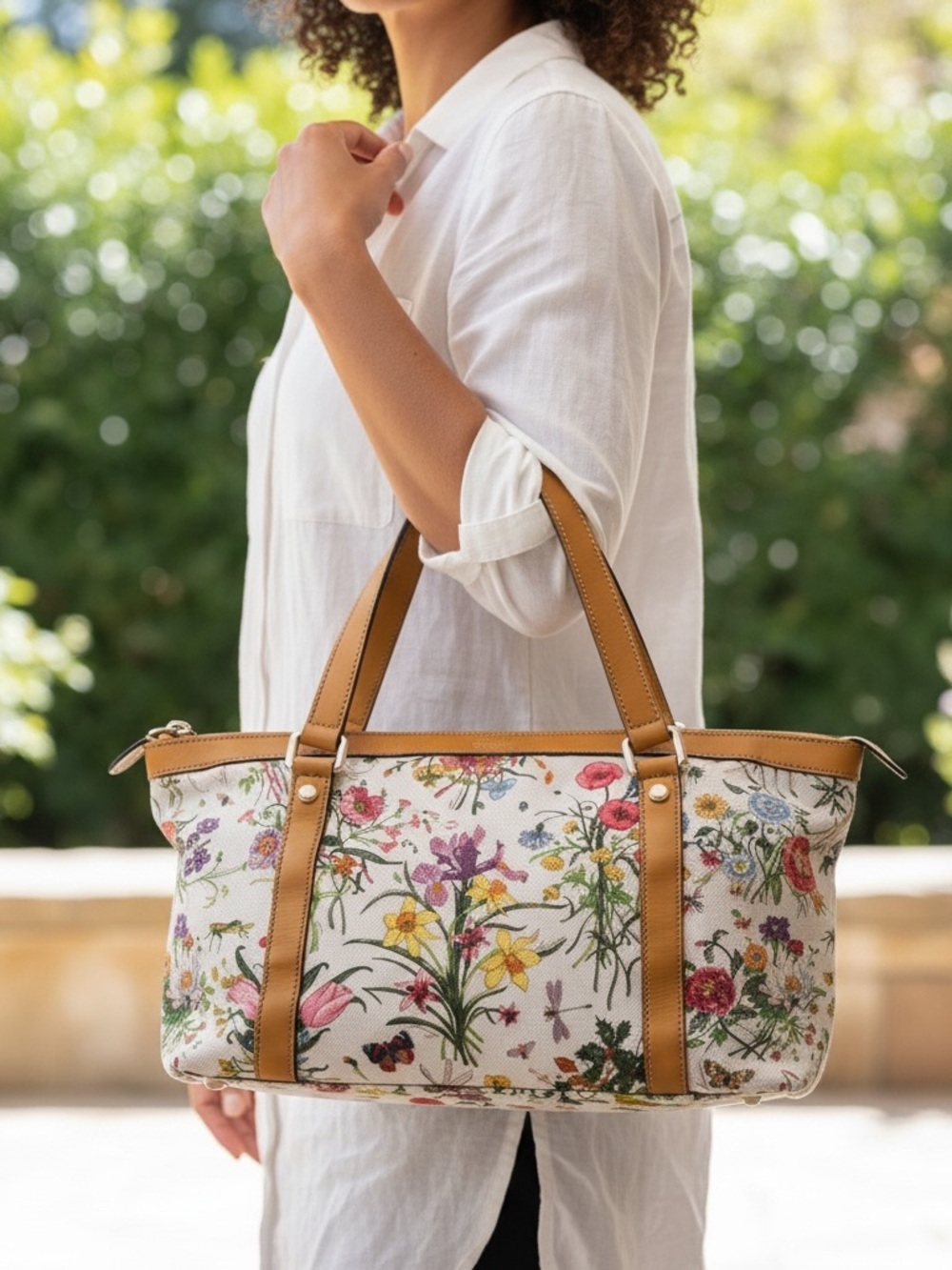 Gucci Floral Canvas Tote with Tan Leather Trim